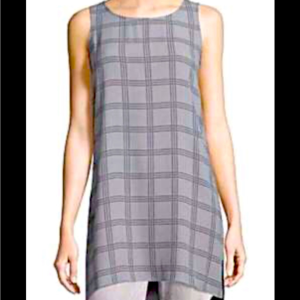 SILK! Eileen Fisher Soft Gray block design Georgette Silk Tunic